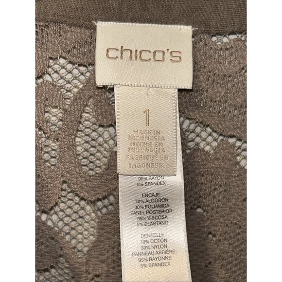 Chicos Blouse Womens Medium Taupe Lace Floral Feminine Romantic Button Up - Picture 6 of 11